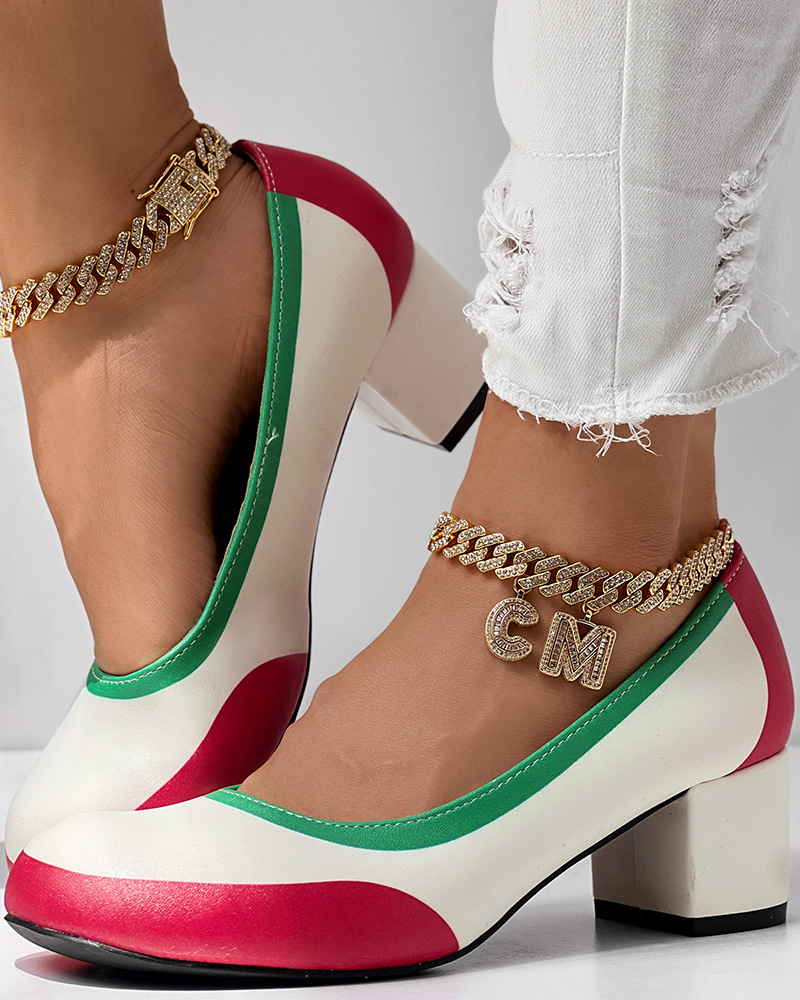 

Colorblock Patch Low Heel Chunky Pumps, White&red