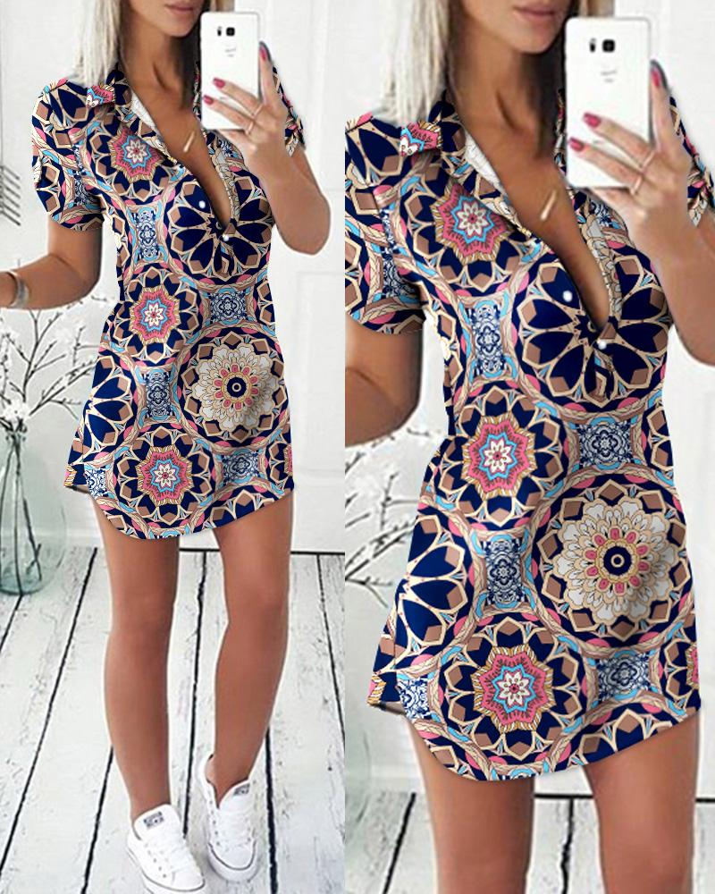 

Tribal Print Button Front Shirt Dress, Multicolor