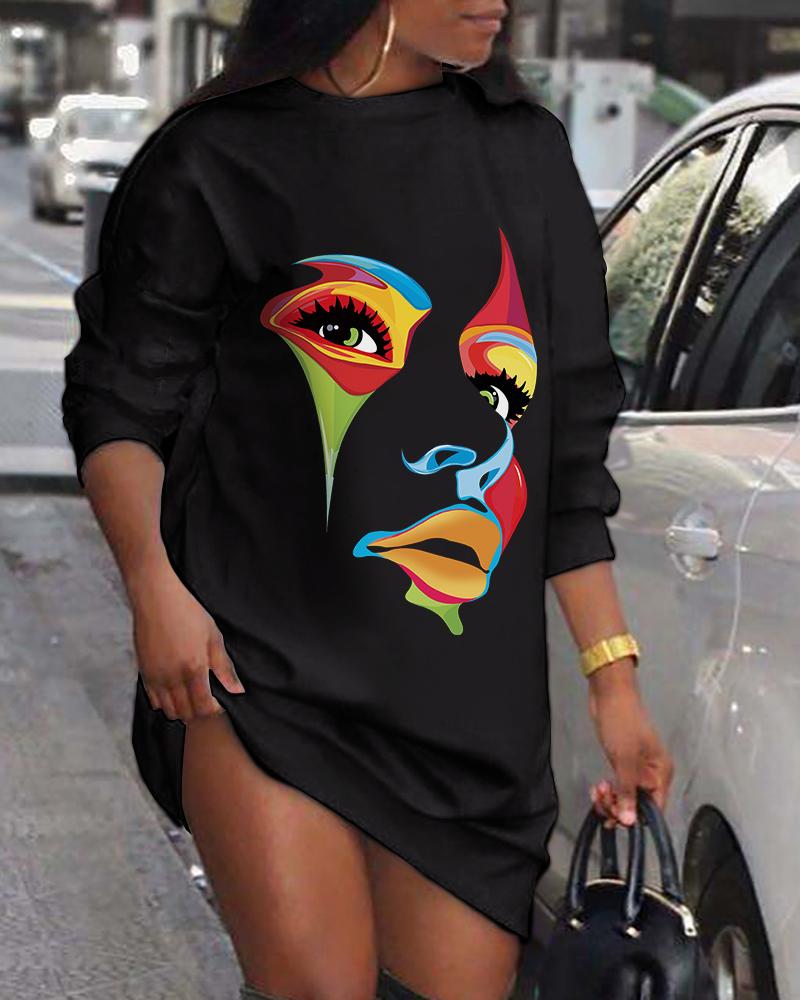 

Abstract Figure Print Long Sleeve Sweatshirt Dress, Black