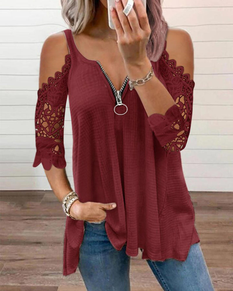 

Contrast Lace Cold Shoulder Zip Front Top, Wine red