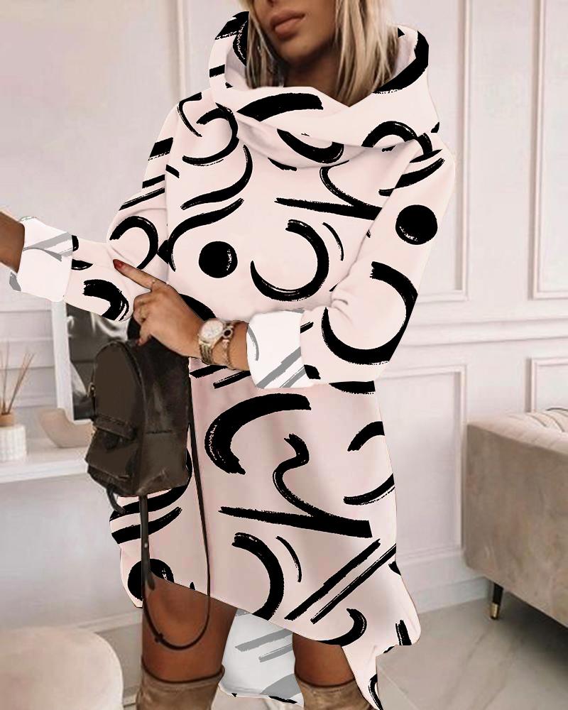 

Abstract Print Long Sleeve Sweatshirt Dress, Apricot