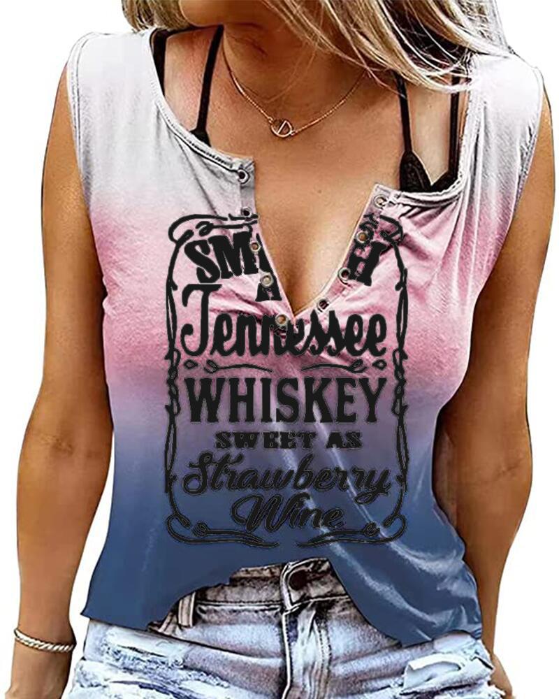 

Smooth As Tennessee Whiskey Sweet As Strawberry Wine Print Eyelet Decor Casual Tank Top, Blue