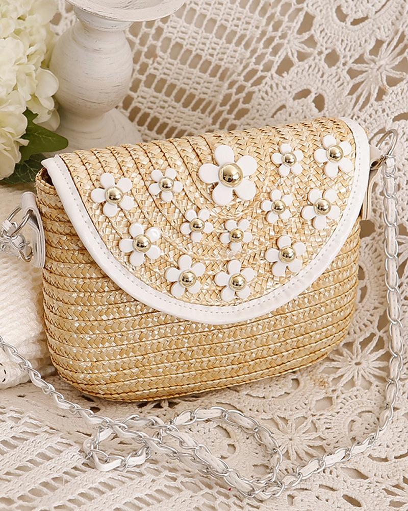 

Daisy Pattern Braided Flap Beach Shoulder Bag, White