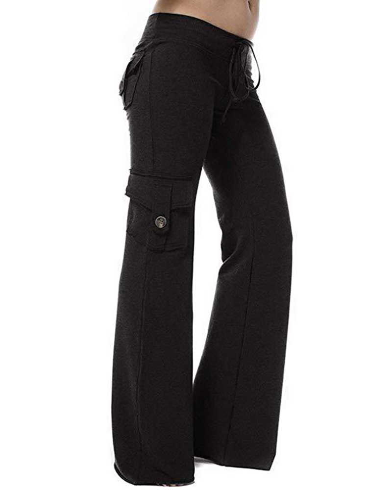 

Drawstring Wide Leg Pocket Design Pants, Black
