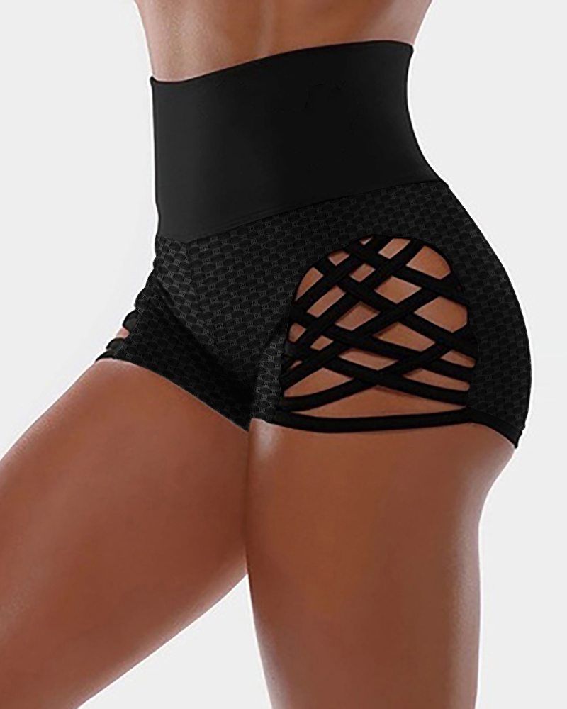 

Cutout Bandage High Waist Pant Solid Color Sport Short, Black