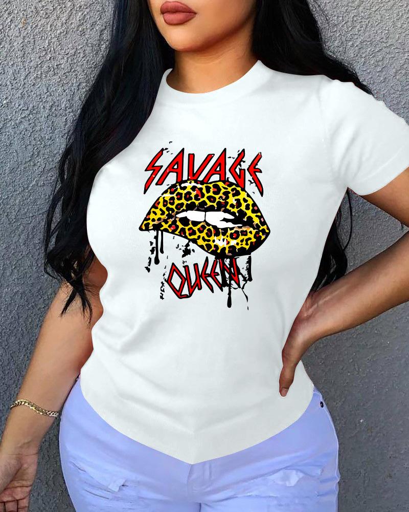 

Lip / Letter / Leopard Print O Neck T-Shirt, White
