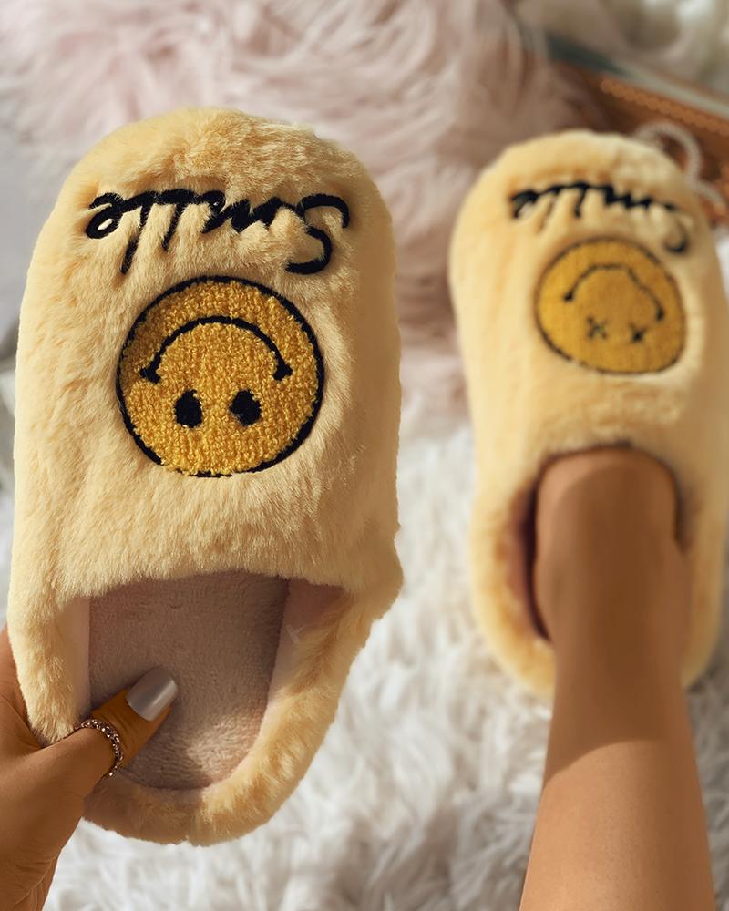 

Letter Smile Face Pattern Fluffy Slipper, Yellow