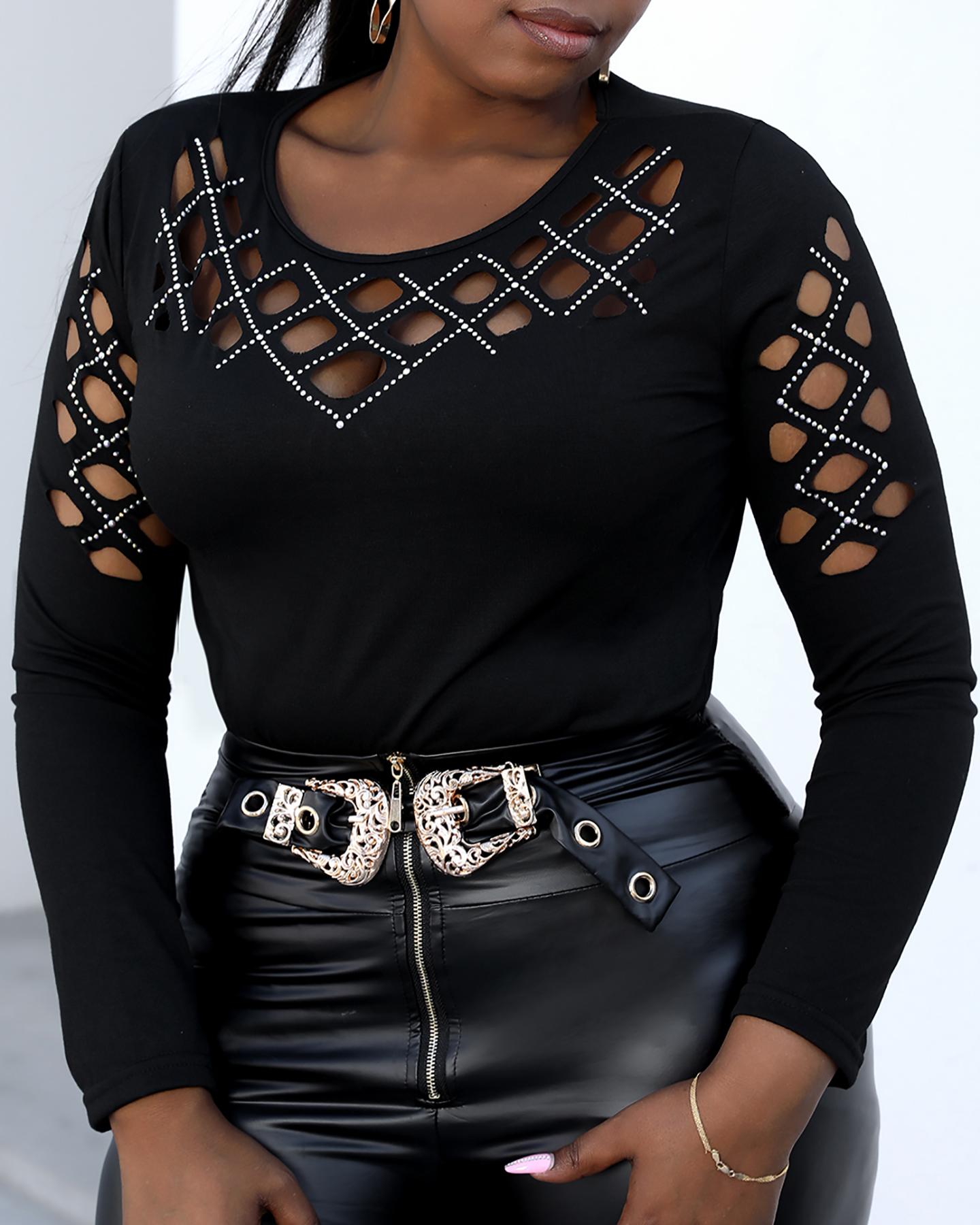 

Plus Size Hollow-out Studded Long Sleeve Top, Black