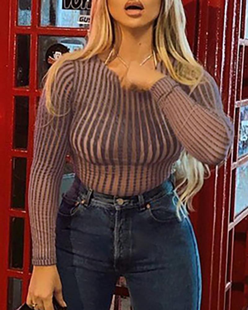 

Striped Velvet Long Sleeve Skinny Bodysuit, Brown