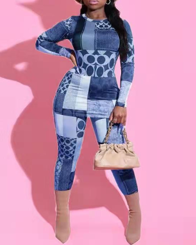 

Geometric Print Long Sleeve Top & Pants Set, Blue