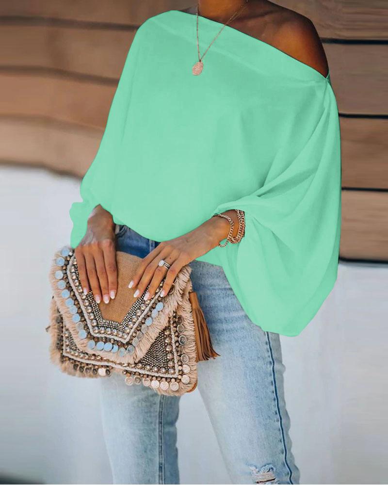 

Lantern Sleeve Skew Neck Top, Green
