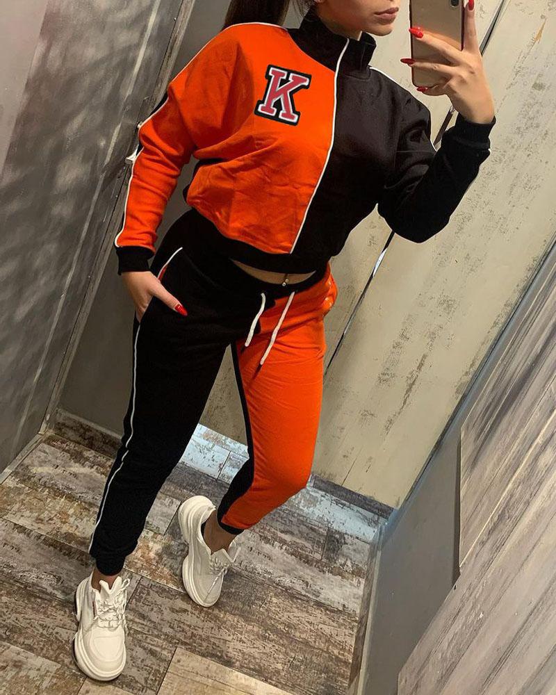 

Colorblock Long Sleeve Top & Drawstring Pants Set, Orange