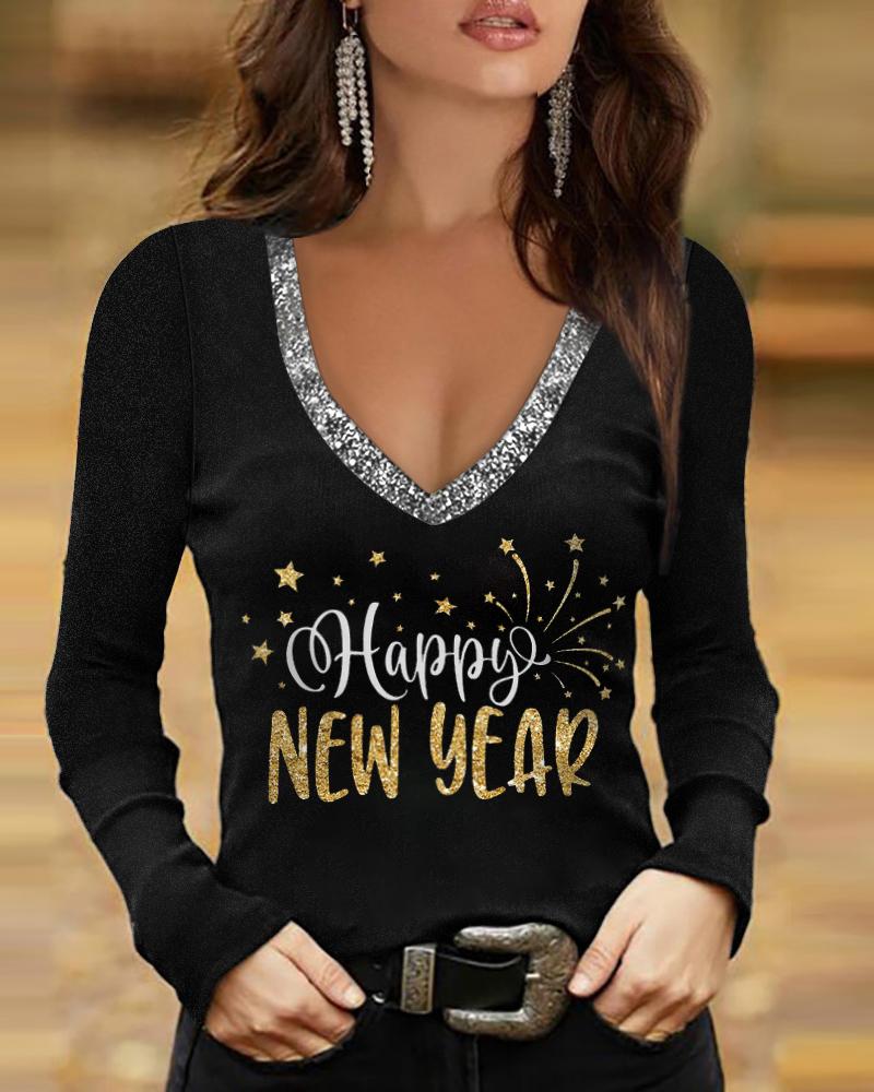 

Happy New Year Print Long Sleeve V-Neck Top, Black