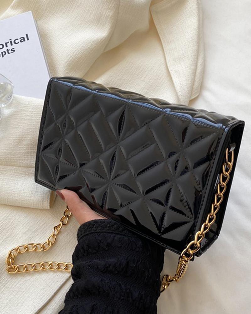 

Metallic Quilted Chain Strap Flap Shoulder Bag, Black