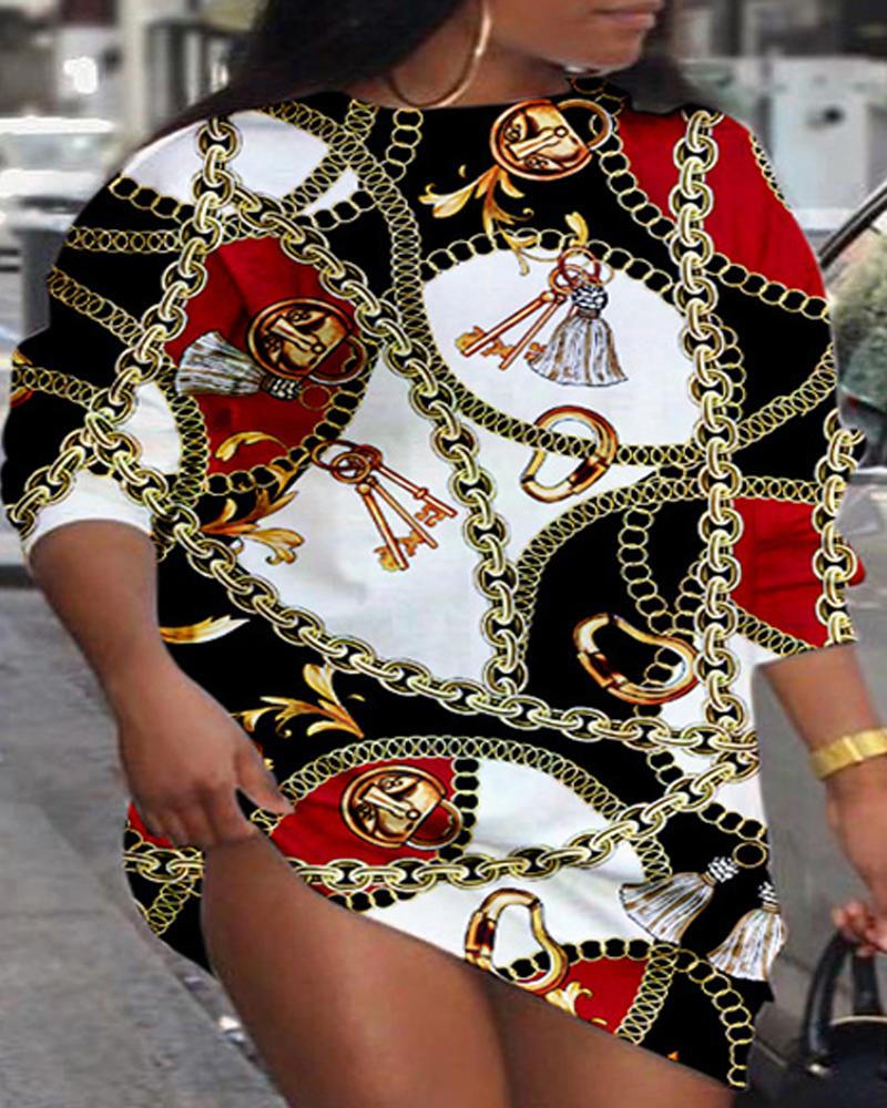 

Plus Size Scarf Chain Print Long Sleeve Casual Dress, Black