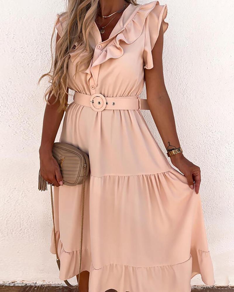 

Ruffle Hem Button Design Sleeveless Casual Dress, Pink