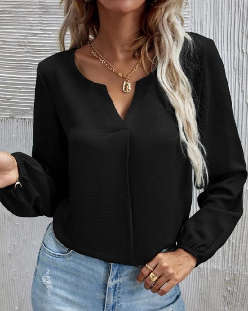 

Plain V-Cut Long Sleeve Top, Black