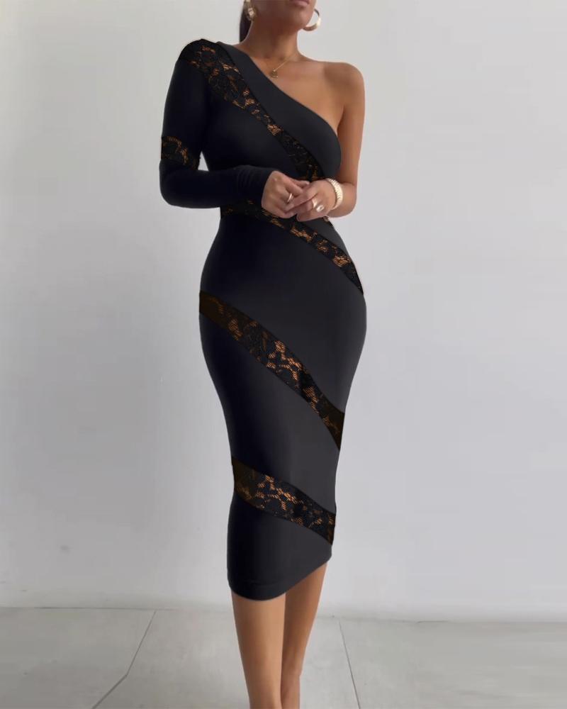 

Contrast Lace One Shoulder Bodycon Dress, Black