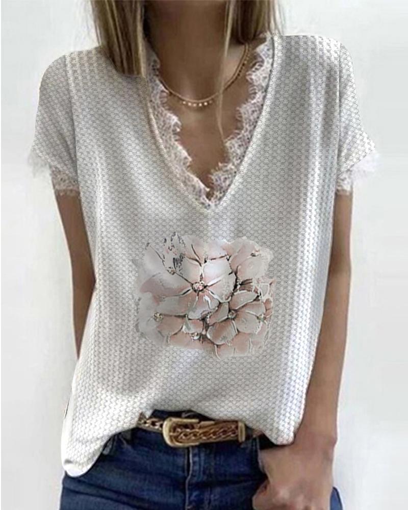 

Waffle Check Lace Trim Floral Print Patchwork Top, White