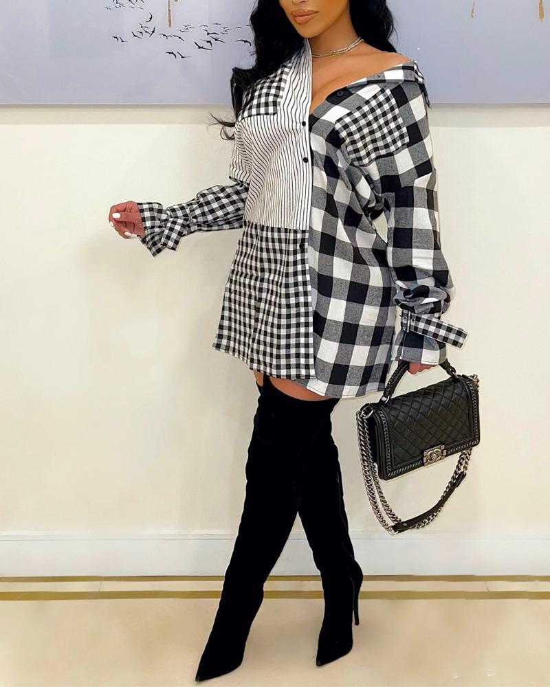 

Plaid Print Patchwork Button Down Shirt Dress, Black