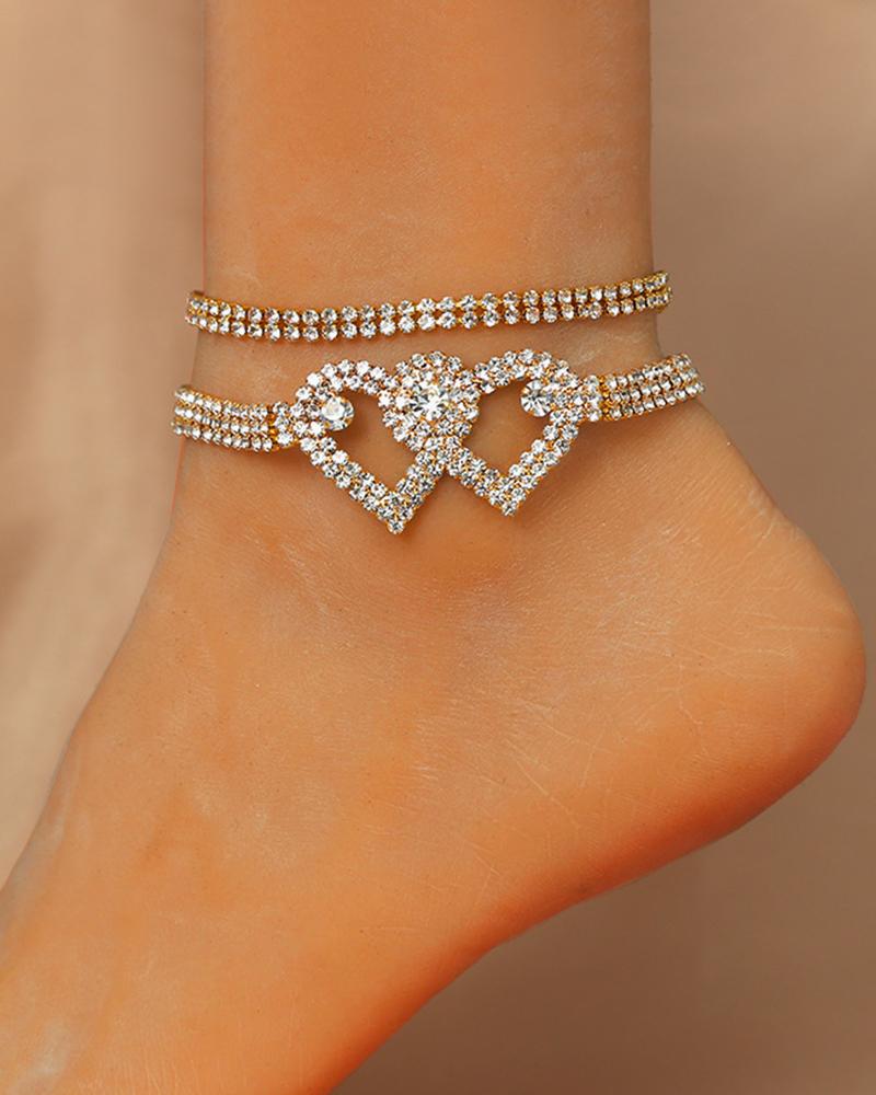 

2PCS/Set Rhinestone Double Heart Stackable Anklets, Style1