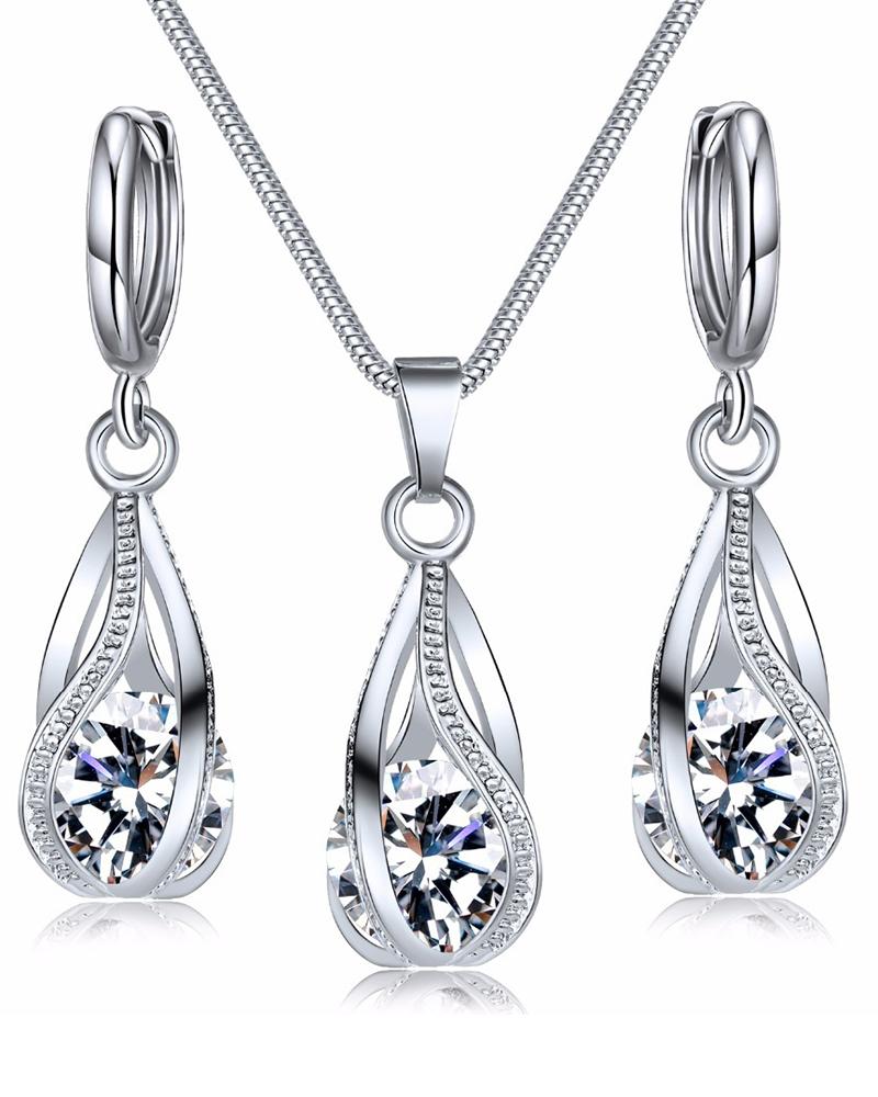 3pcs Zircon Crystal Rhinestone Water Drop Earrings & Necklace Jewelry Set