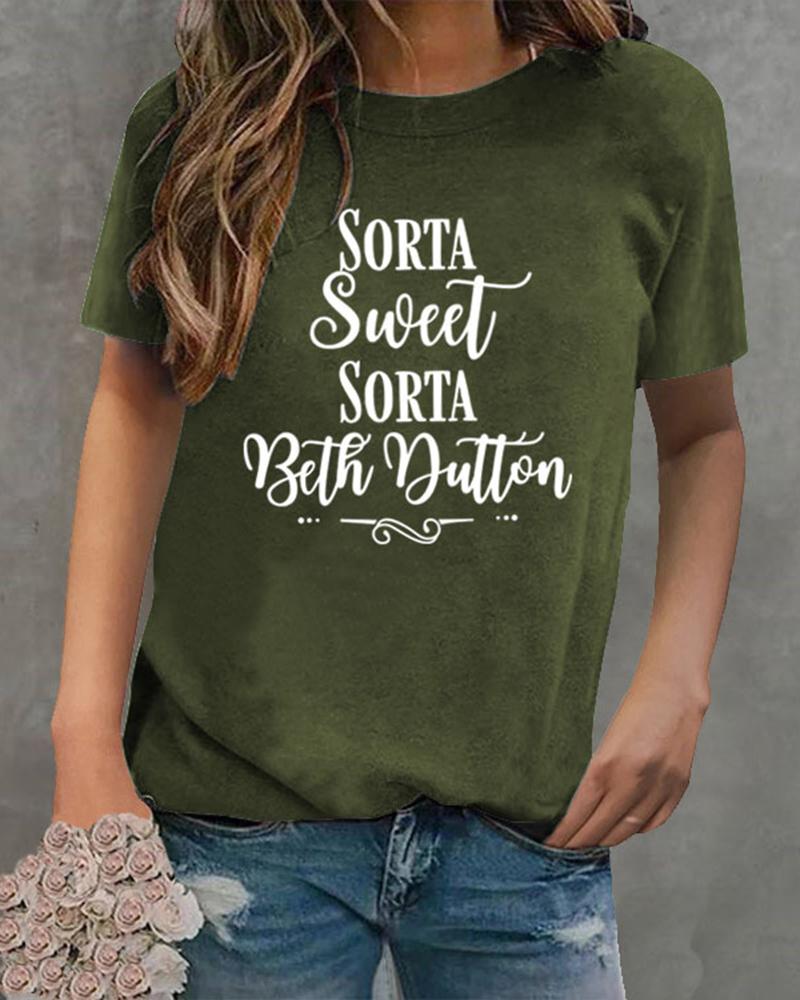 

Sorta Sweet Letter Print Casual T-shirt, Army green