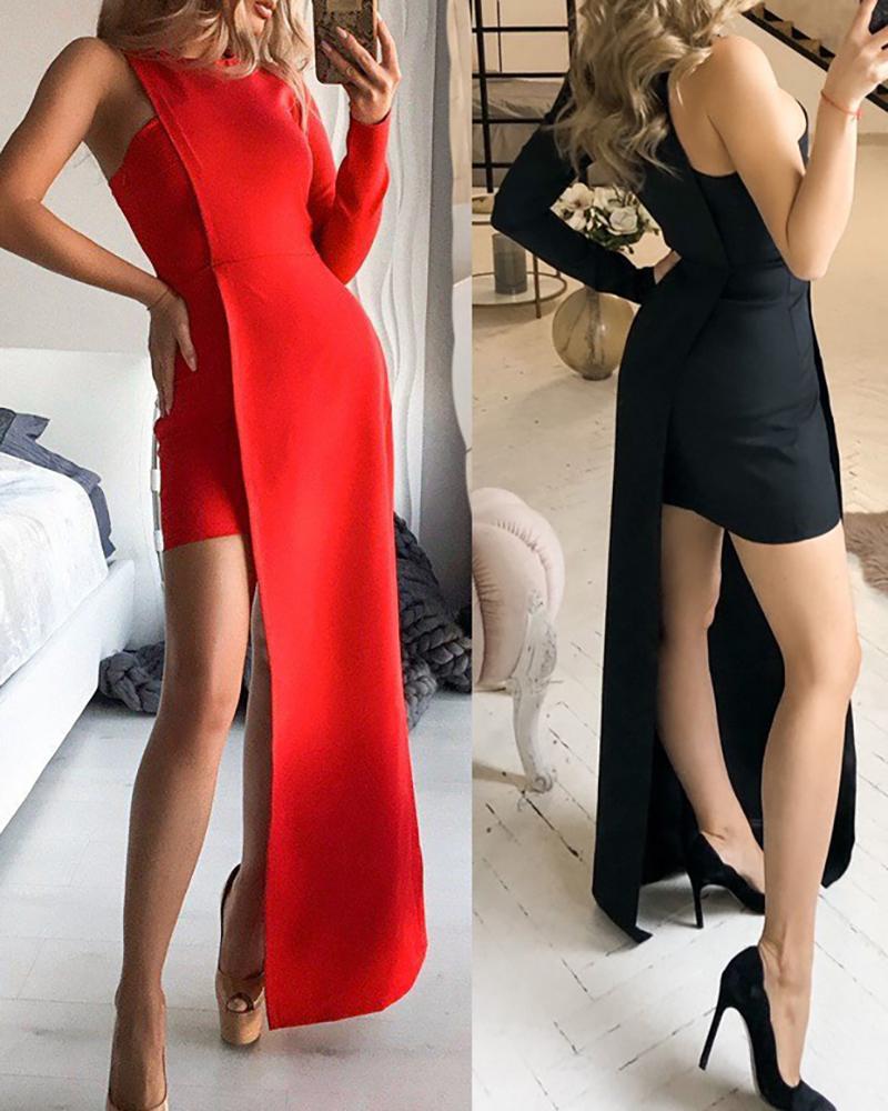 

One Shoulder Fake Two Pieces Full-Length Evening Dress, Red