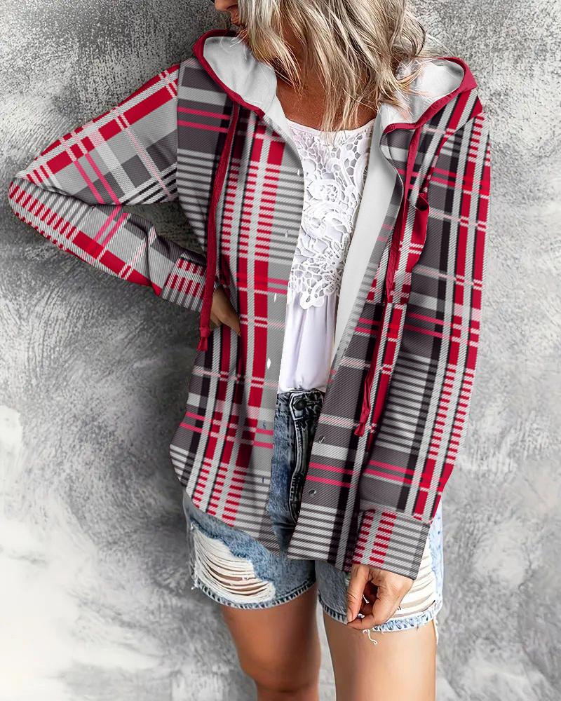 

Colorblock Plaid Print Pocket Design Hooded Top, Red