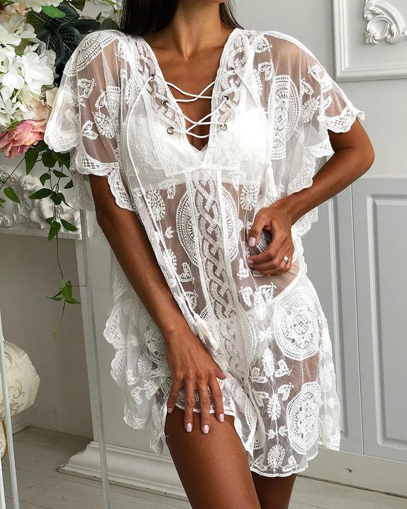 

Eyelet Lace-up Crochet Lace Cover Up, White