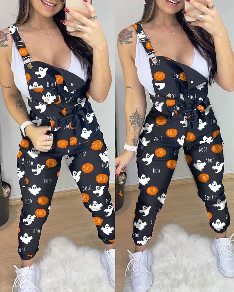

Halloween Letter Ghost Print Suspender Jumpsuit, Black
