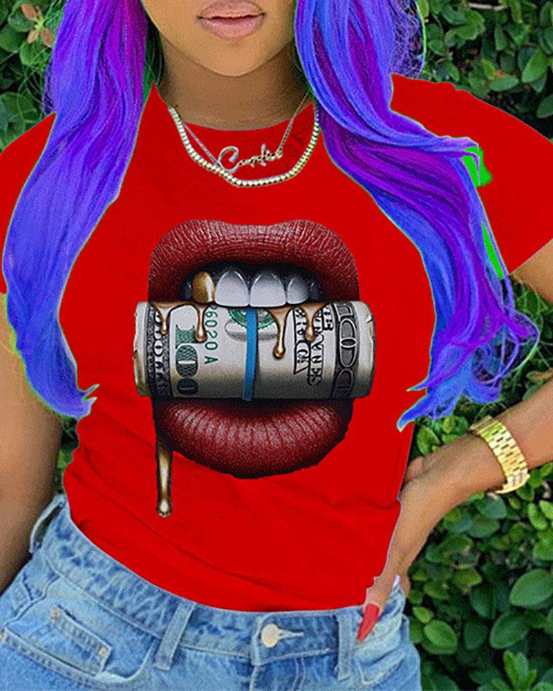 

Lip Print Short Sleeve Casual T-shirt, Red
