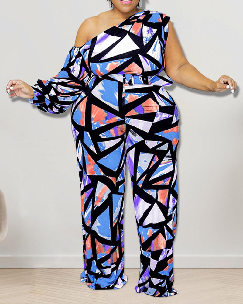 

Plus Size Geometric Print Cold Shoulder Belted Jumpsuit, Blue