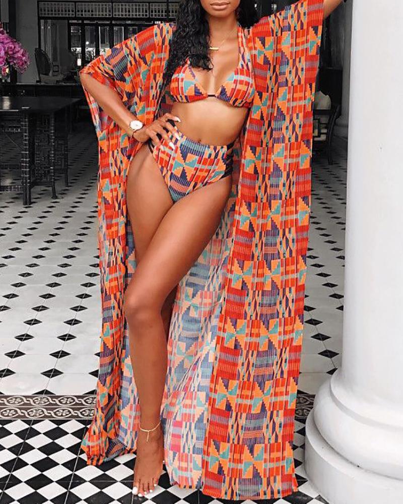 

3PCS Digital Printed Bikini Set With Cover Up, Red