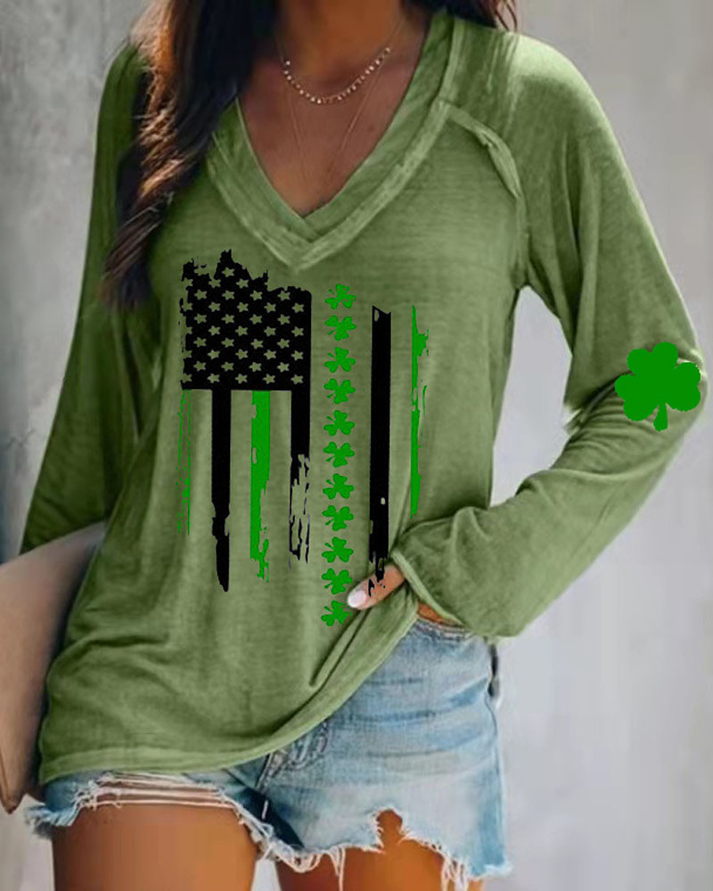 

St. Patrick' Day Clover Flag Print Long Sleeve Top, Green