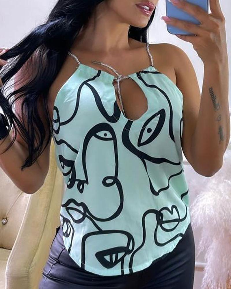 

Figure Print Drawstring Cutout Tank Top, Light green