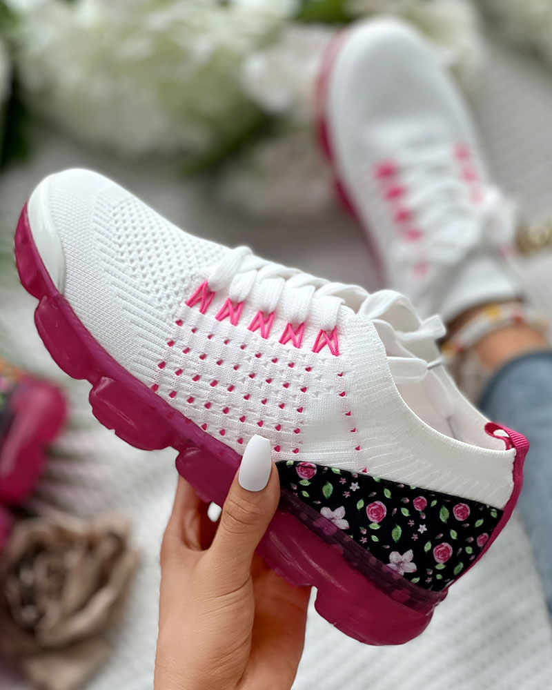 

Knit Breathable Lace-up Tropical Print Sneakers, White