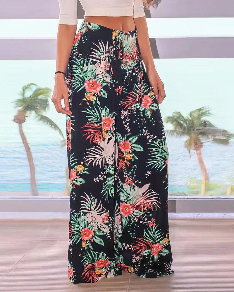 

Tropical Print Tied Detail Wide Leg Pants, Black