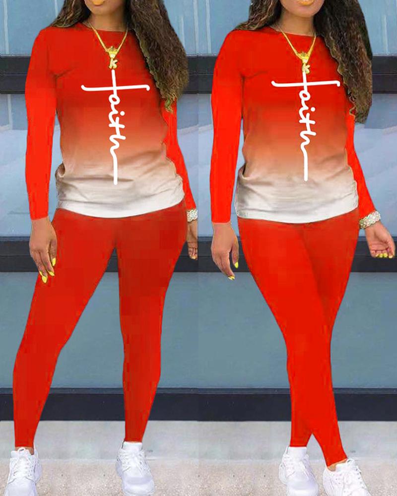 

Faith Ombre Print Long Sleeve Top & Pants Set, Red