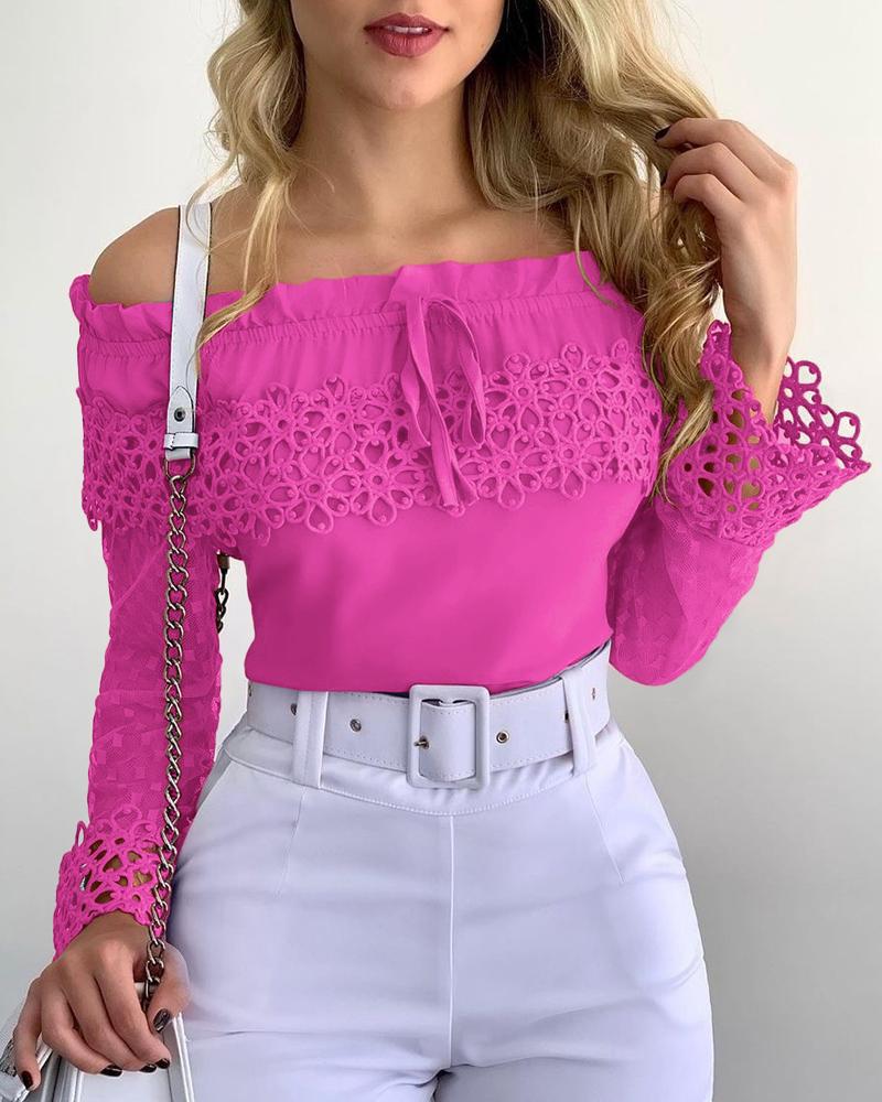 

Off Shoulder Guipure Lace Frill Hem Drawstring Top, Hot pink