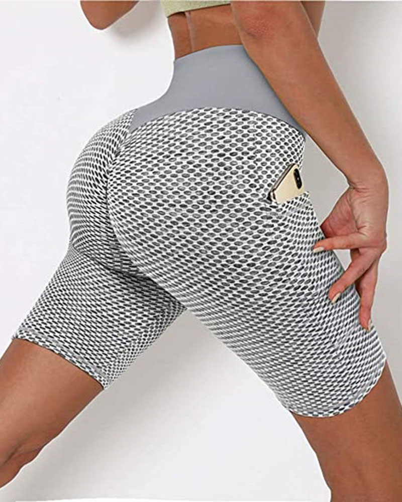 

Honeycomb Textured High Waist Butt Lift Active Shorts, Gray