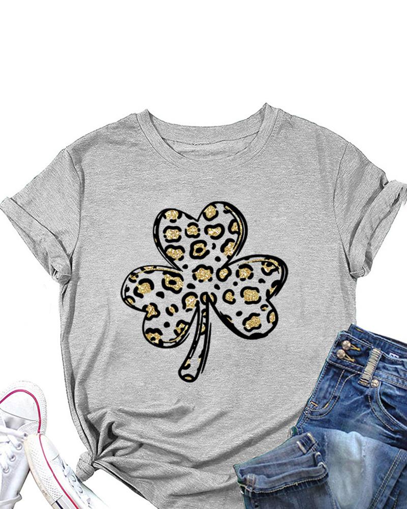 

St.Patrick' Day Four Leaf Clover Cheetah Print Short Sleeve Top, Gray