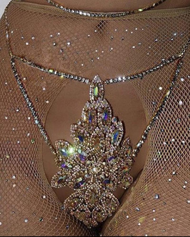 

Floral Pattern Layered Rhinestone Decor Body Chain, Silver