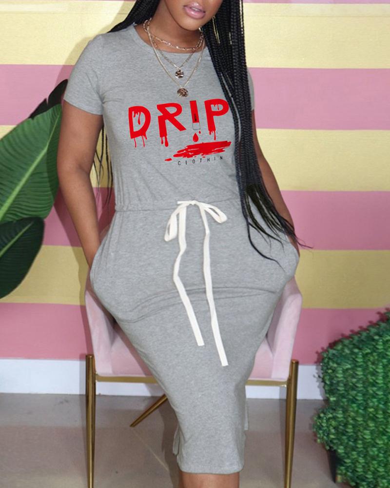 

Letter Print Drawstring Pocket Design Casual Dress, Gray
