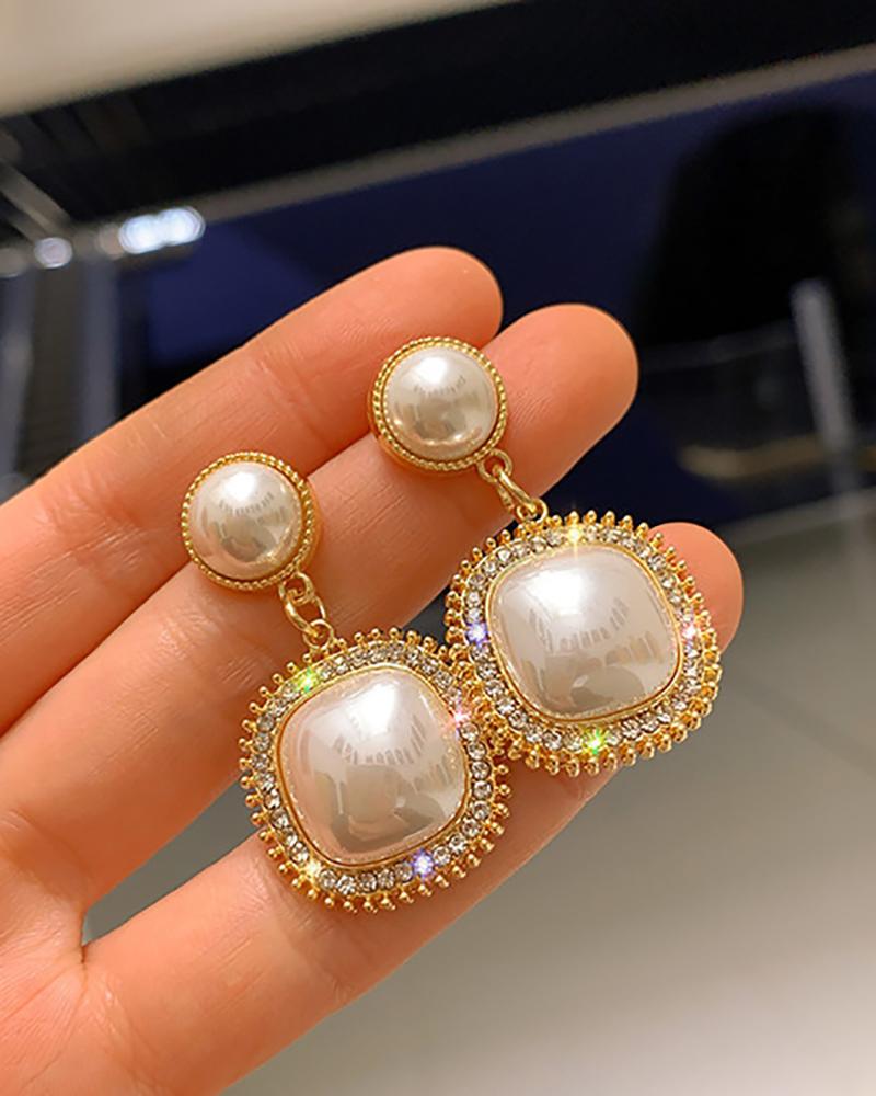 

1Pair Round Square Shaped Beaded Earrings, Gold