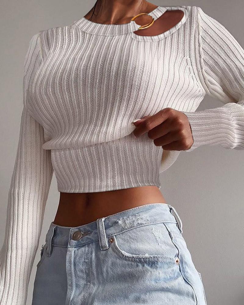 

O-Ring Cutout Long Sleeve Top, White