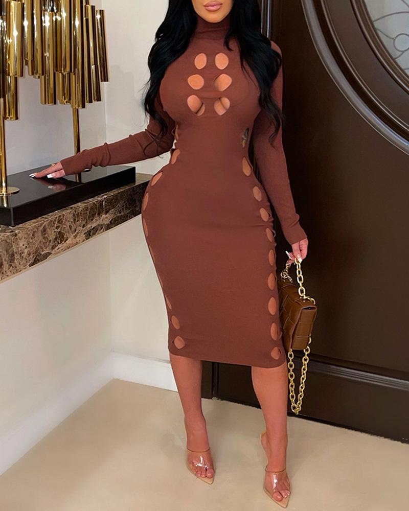 

High Neck Cutout Long Sleeve Bodycon Dress, Coffee