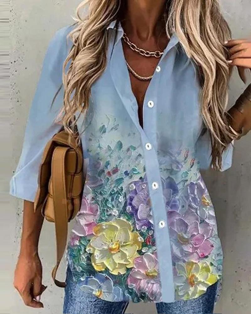 

Floral Print Button Down Shirt, Blue