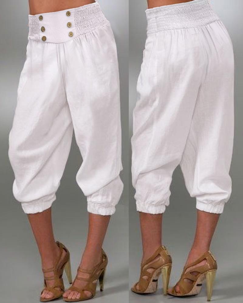 

High Waist Buttoned Cuffed Pants, White