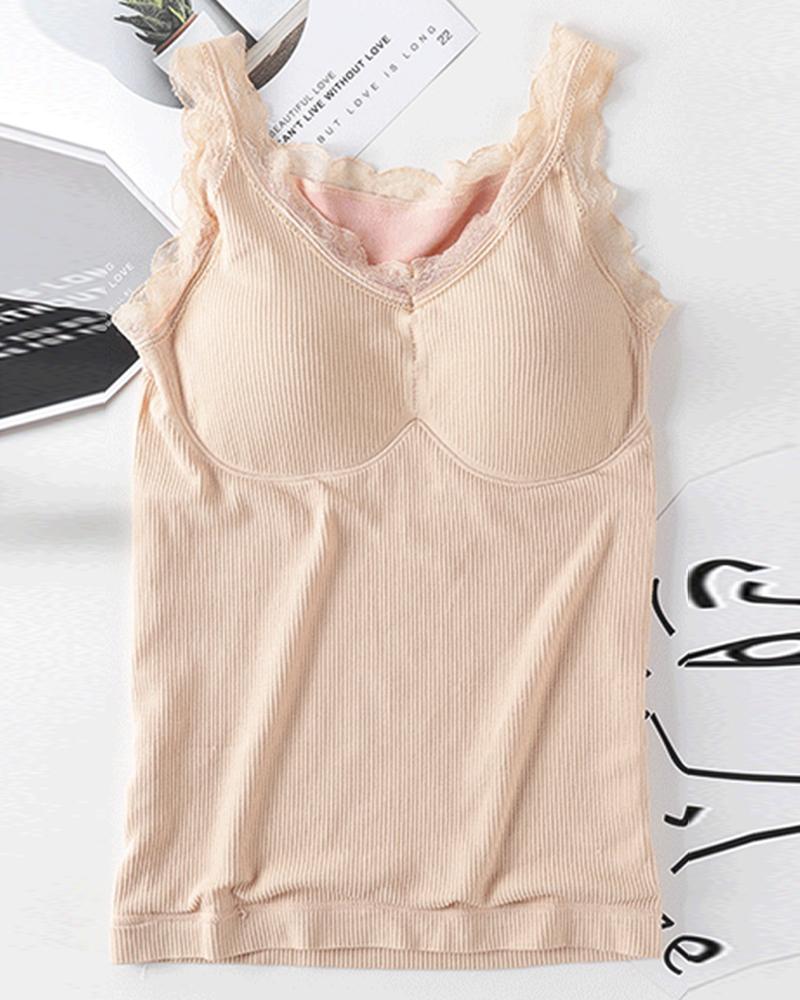 

Super Thick Lace Trim Padded Tank Thermal Vest Undershirt, Nude